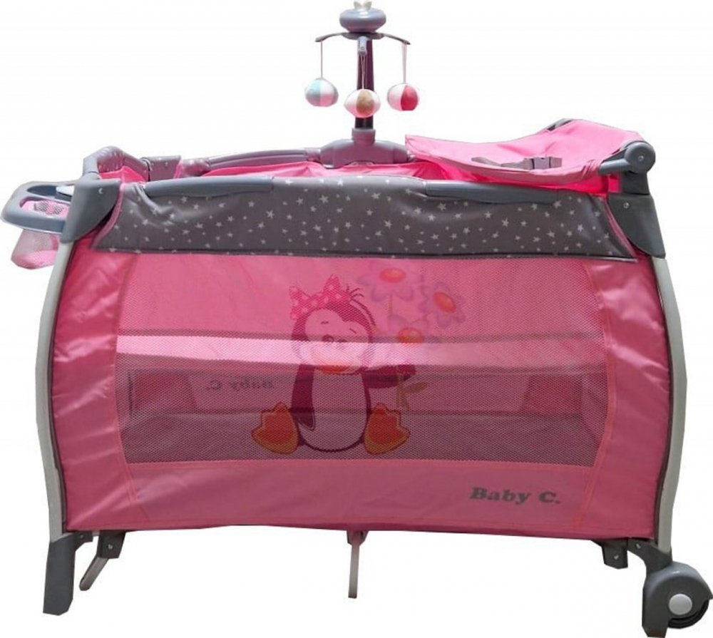 Baby Care Patut pentru copii PRO FRW Roz Pliabil cu Balansoar 2 Nivele de inaltime Melodii Masa infasat Carusel cu jucarii din plus Plasa insecte
