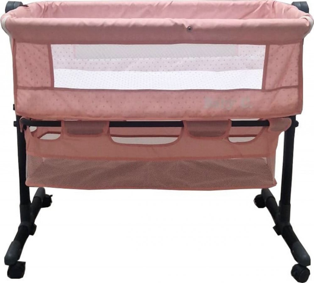 Baby Care Patut transformabil in balansoar Co-Sleeper Roz Cu plasa insecte si cosulet depozitare 4 roti cu frana Dimensiuni 85X95X50 cm Saltea inclusa Cadru aluminiu