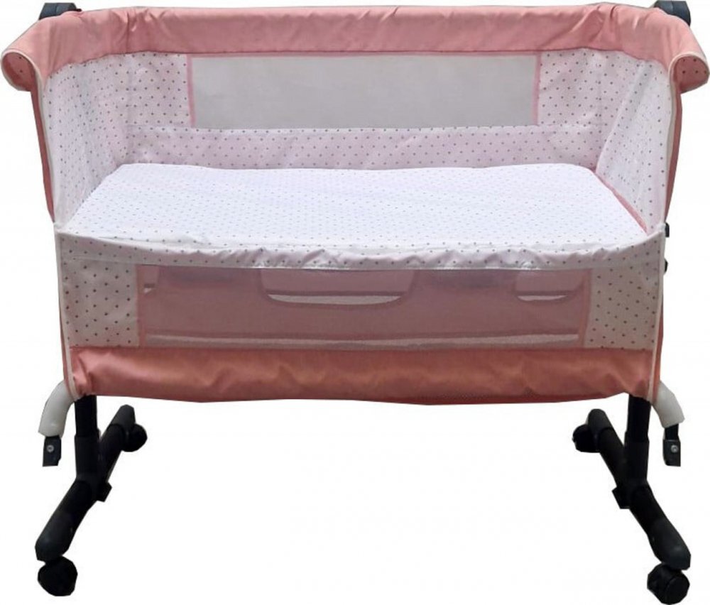 Baby Care Patut transformabil in balansoar Co-Sleeper Roz Cu plasa insecte si cosulet depozitare 4 roti cu frana Dimensiuni 85X95X50 cm Saltea inclusa Cadru aluminiu