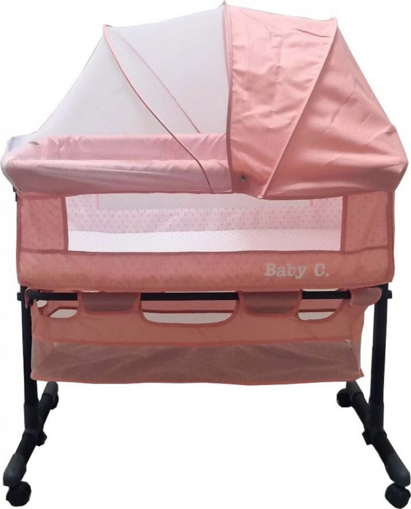Baby Care Patut transformabil in balansoar Co-Sleeper Roz Cu plasa insecte si cosulet depozitare 4 roti cu frana Dimensiuni 85X95X50 cm Saltea inclusa Cadru aluminiu