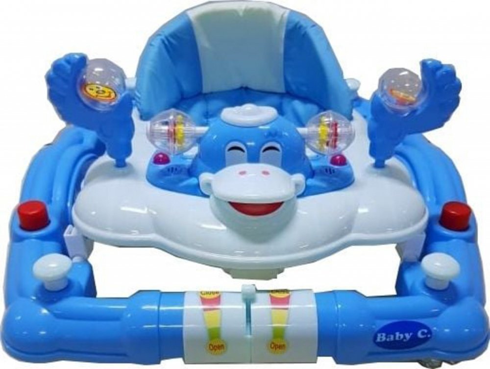 Baby Care Premergator cu sistem de balansare Ratusca Albastru pliabil cu roti din silicon si melodii
