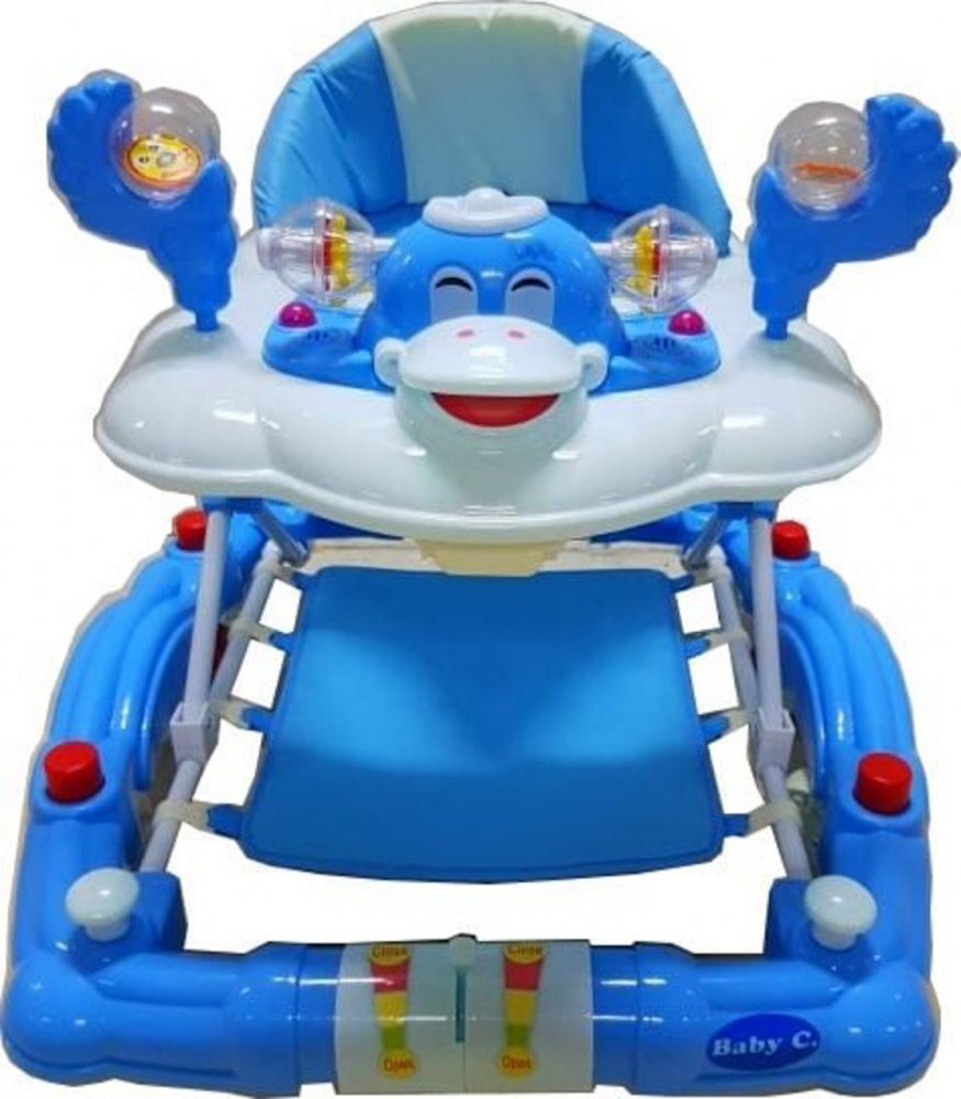 Baby Care Premergator cu sistem de balansare Ratusca Albastru pliabil cu roti din silicon si melodii