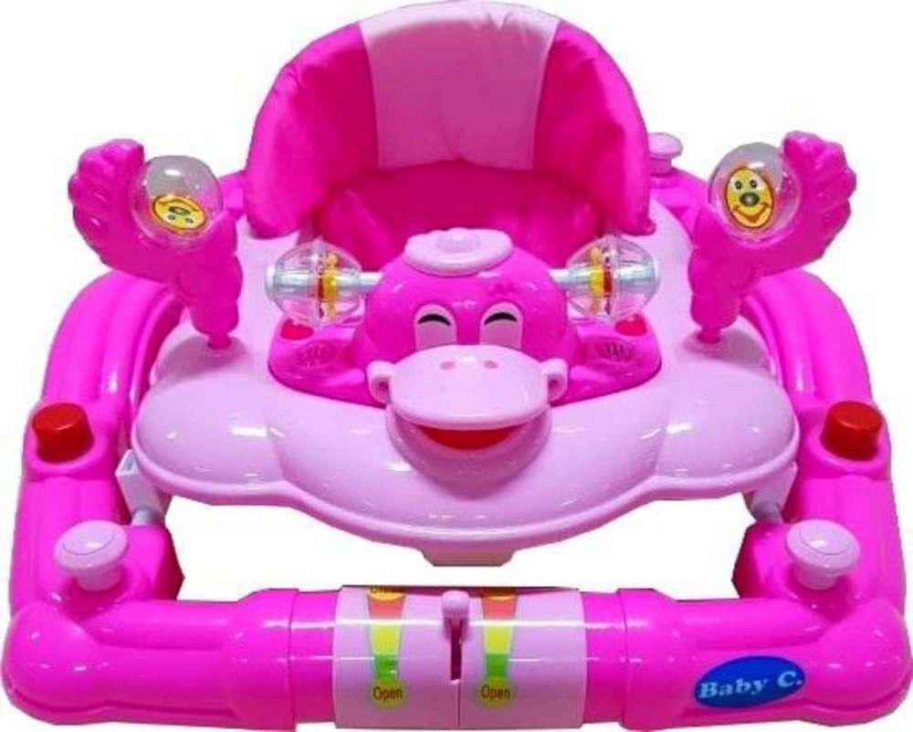 Baby Care Premergator pentru copii H914 Ratusca Roz cu roti din silicon melodii si functie balansoar