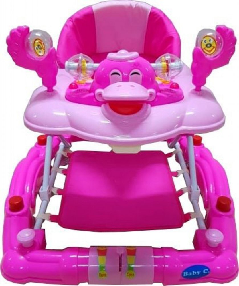 Baby Care Premergator pentru copii H914 Ratusca Roz cu roti din silicon melodii si functie balansoar