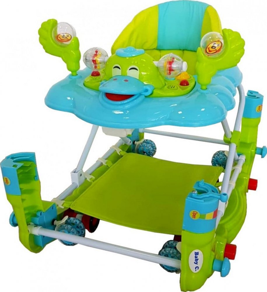 Baby Care Premergator pentru copii H914 Ratusca Verde Turquoise cu roti din silicon melodii si functie balansoar