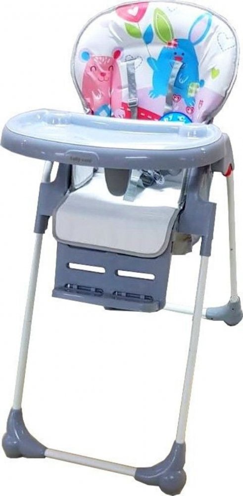 Baby Care Scaun de masa pentru copii CC Happy Friends Gri reglabil in 3 trepte pliabil centura de siguranta sezut confortabil masuta detasabila pozitie somn cosulet de depozitare