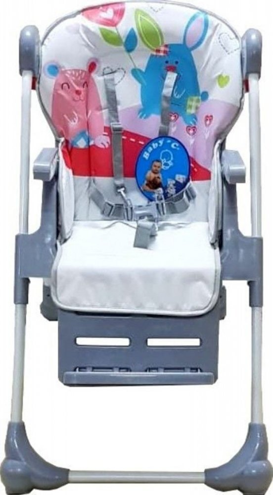 Baby Care Scaun de masa pentru copii CC Happy Friends Gri reglabil in 3 trepte pliabil centura de siguranta sezut confortabil masuta detasabila pozitie somn cosulet de depozitare
