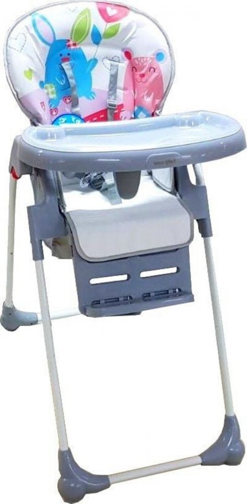 Baby Care Scaun de masa pentru copii CC Happy Friends Gri reglabil in 3 trepte pliabil centura de siguranta sezut confortabil masuta detasabila pozitie somn cosulet de depozitare