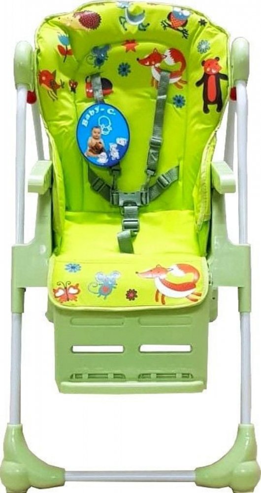 Baby Care Scaun de masa pentru copii CC Prietenii din Padure Verde reglabil in 3 trepte pliabil centura de siguranta sezut confortabil masuta detasabila pozitie somn cosulet de depozitare