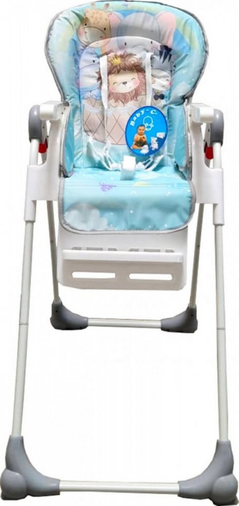 Baby Care Scaun de masa pentru copii si bebe CC Animalute Albastru reglabil in 3 trepte Pliabil Centura de siguranta Sezut confortabil Masuta detasabila Pozitie somn Cosulet de depozitare