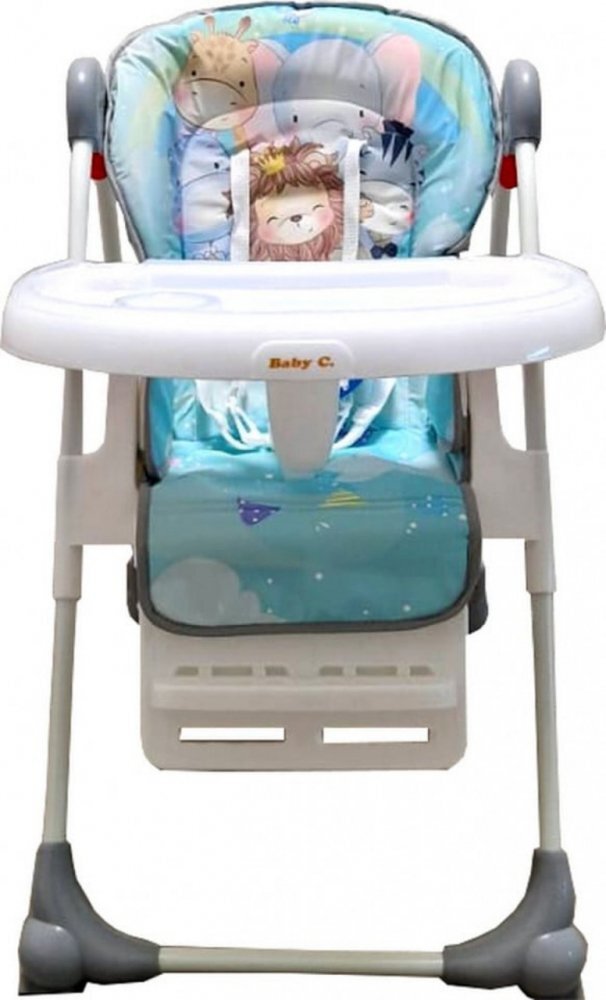 Baby Care Scaun de masa pentru copii si bebe CC Animalute Albastru reglabil in 3 trepte Pliabil Centura de siguranta Sezut confortabil Masuta detasabila Pozitie somn Cosulet de depozitare