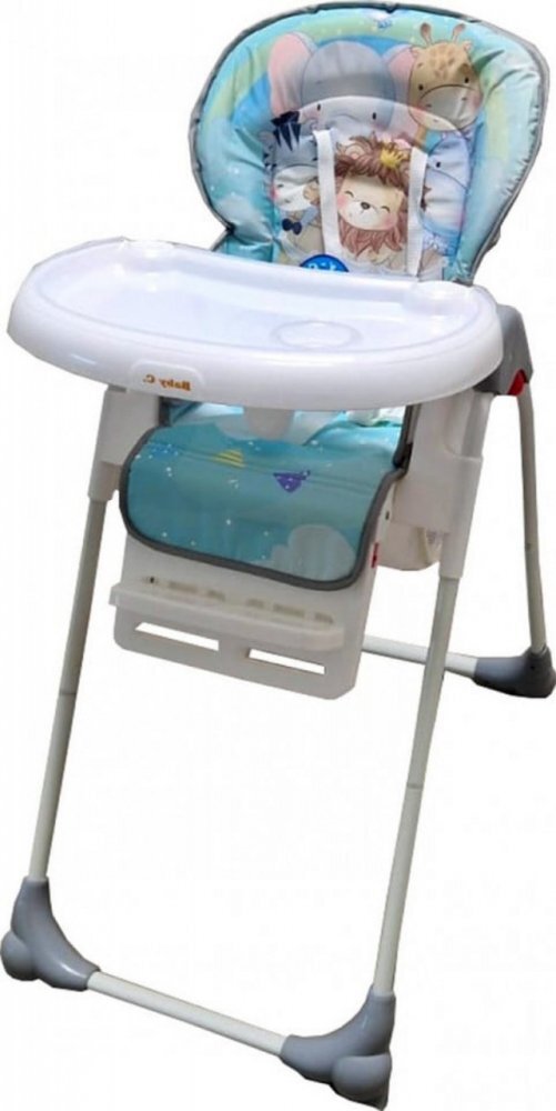 Baby Care Scaun de masa pentru copii si bebe CC Animalute Albastru reglabil in 3 trepte Pliabil Centura de siguranta Sezut confortabil Masuta detasabila Pozitie somn Cosulet de depozitare