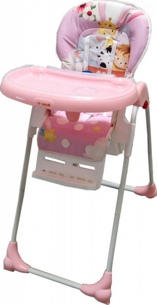 Baby Care Scaun de masa pentru copii si bebe CC Animalute Roz reglabil in 3 trepte Pliabil Centura de siguranta Sezut confortabil Masuta detasabila Pozitie somn Cosulet de depozitare