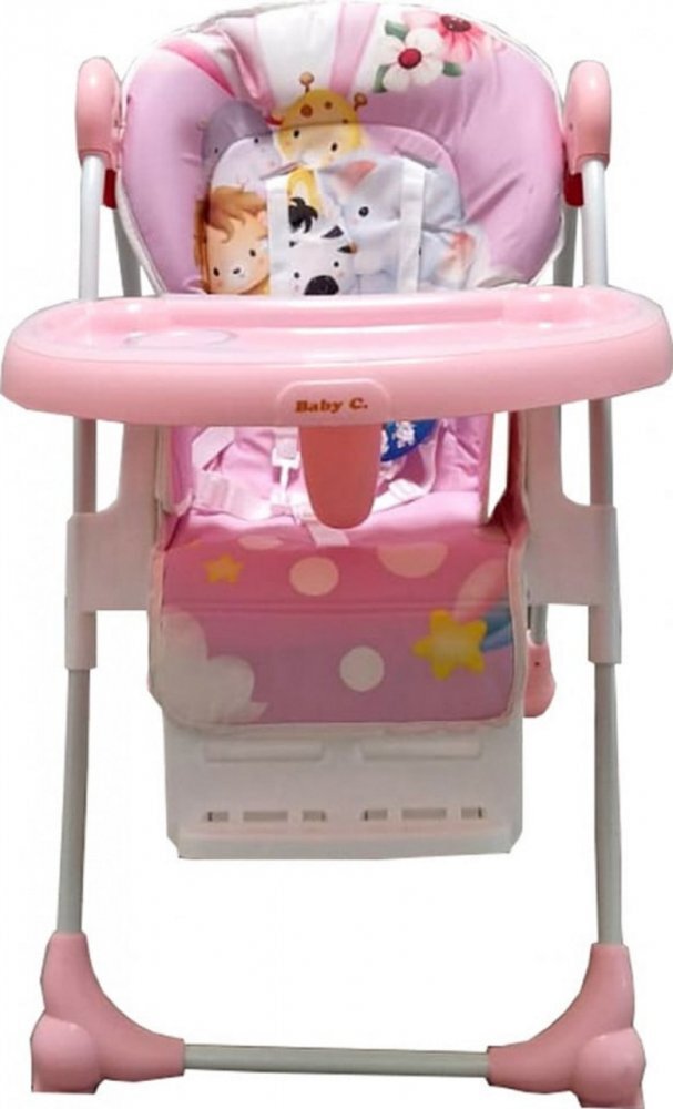 Baby Care Scaun de masa pentru copii si bebe CC Animalute Roz reglabil in 3 trepte Pliabil Centura de siguranta Sezut confortabil Masuta detasabila Pozitie somn Cosulet de depozitare