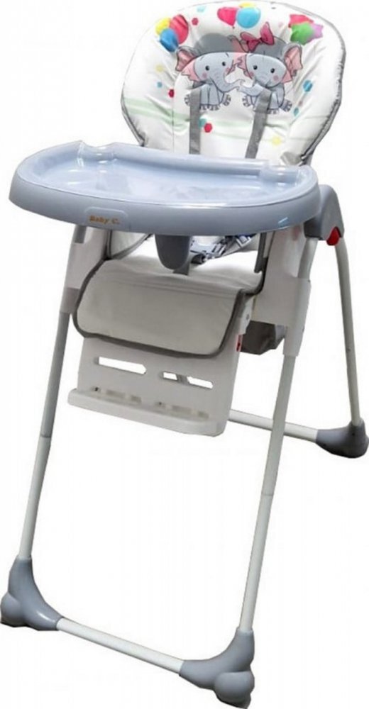 Baby Care Scaun de masa pentru copii si bebe CC Elefanti Gri reglabil in 3 trepte Pliabil Centura de siguranta Sezut confortabil Masuta detasabila Pozitie somn Cosulet de depozitare