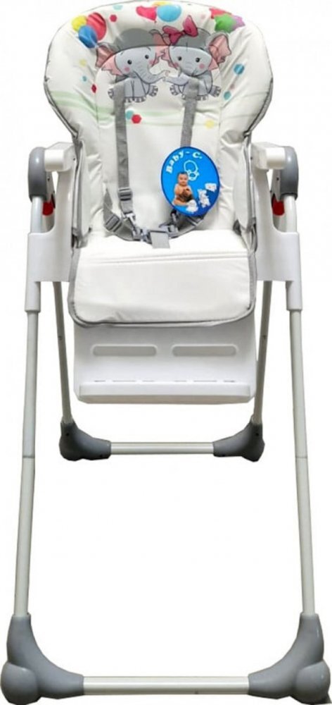 Baby Care Scaun de masa pentru copii si bebe CC Elefanti Gri reglabil in 3 trepte Pliabil Centura de siguranta Sezut confortabil Masuta detasabila Pozitie somn Cosulet de depozitare