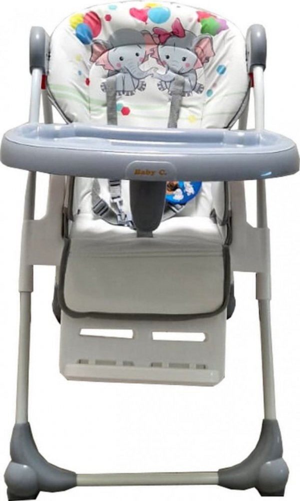 Baby Care Scaun de masa pentru copii si bebe CC Elefanti Gri reglabil in 3 trepte Pliabil Centura de siguranta Sezut confortabil Masuta detasabila Pozitie somn Cosulet de depozitare