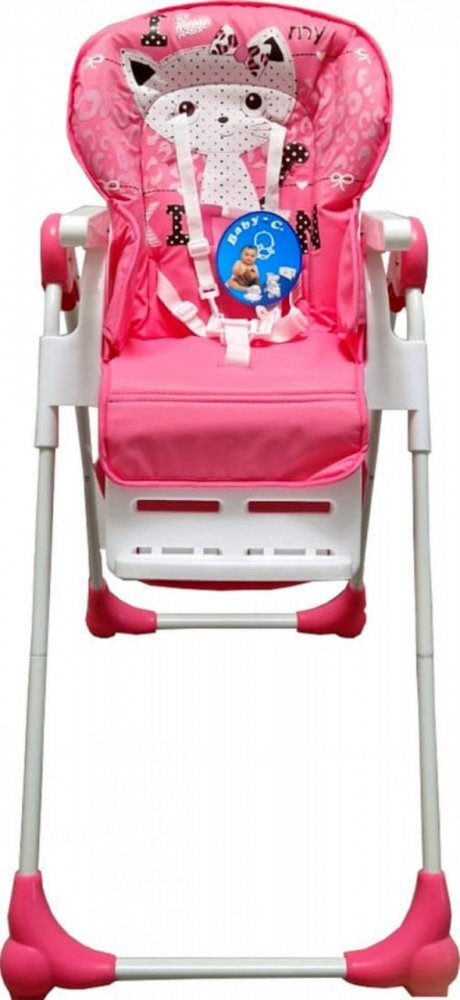 Baby Care Scaun de masa pentru copii si bebe CC Pisicuta Roz reglabil in 3 trepte Pliabil Centura de siguranta Sezut confortabil Masuta detasabila Pozitie somn Cosulet de depozitare