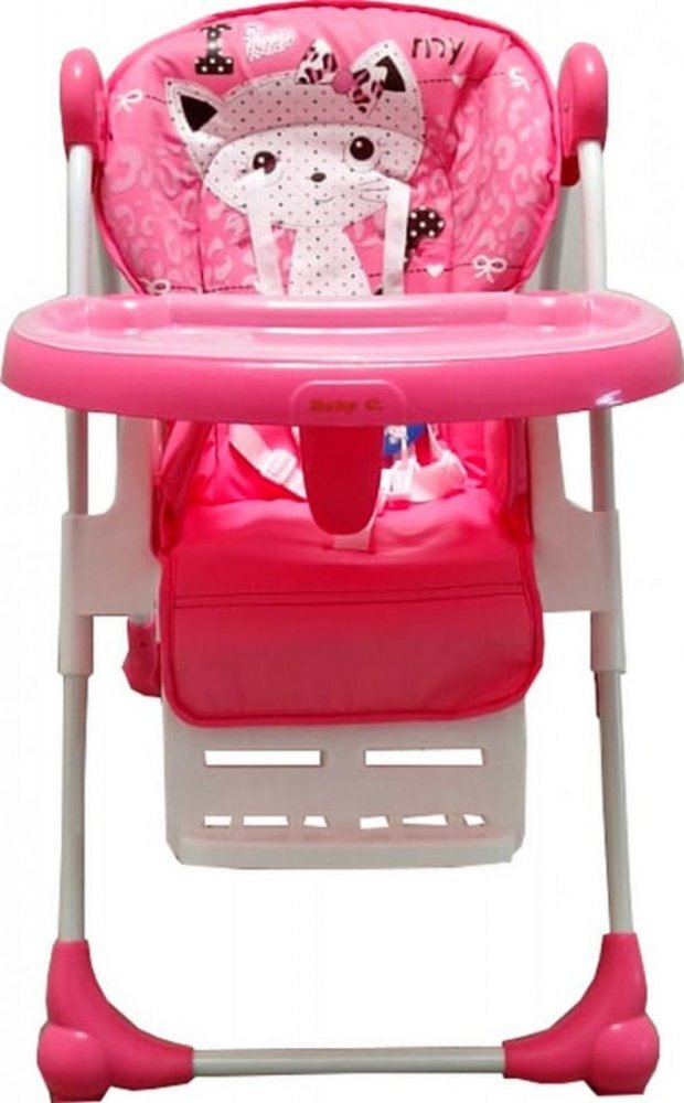 Baby Care Scaun de masa pentru copii si bebe CC Pisicuta Roz reglabil in 3 trepte Pliabil Centura de siguranta Sezut confortabil Masuta detasabila Pozitie somn Cosulet de depozitare