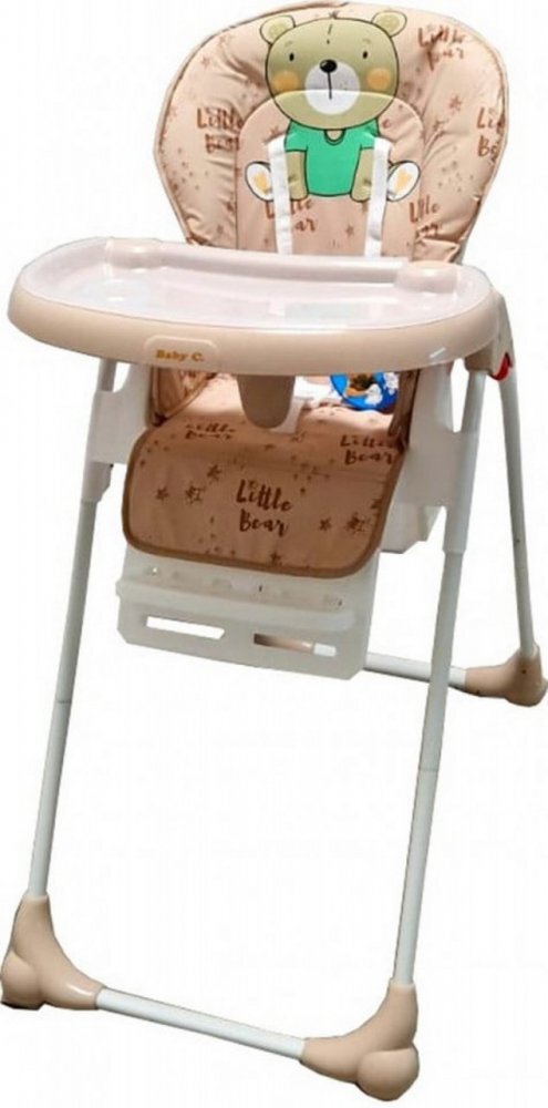 Baby Care Scaun de masa pentru copii si bebe CC Ursulet Crem reglabil in 3 trepte Pliabil Centura de siguranta Sezut confortabil Masuta detasabila Pozitie somn Cosulet de depozitare
