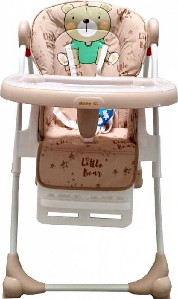 Baby Care Scaun de masa pentru copii si bebe CC Ursulet Crem reglabil in 3 trepte Pliabil Centura de siguranta Sezut confortabil Masuta detasabila Pozitie somn Cosulet de depozitare