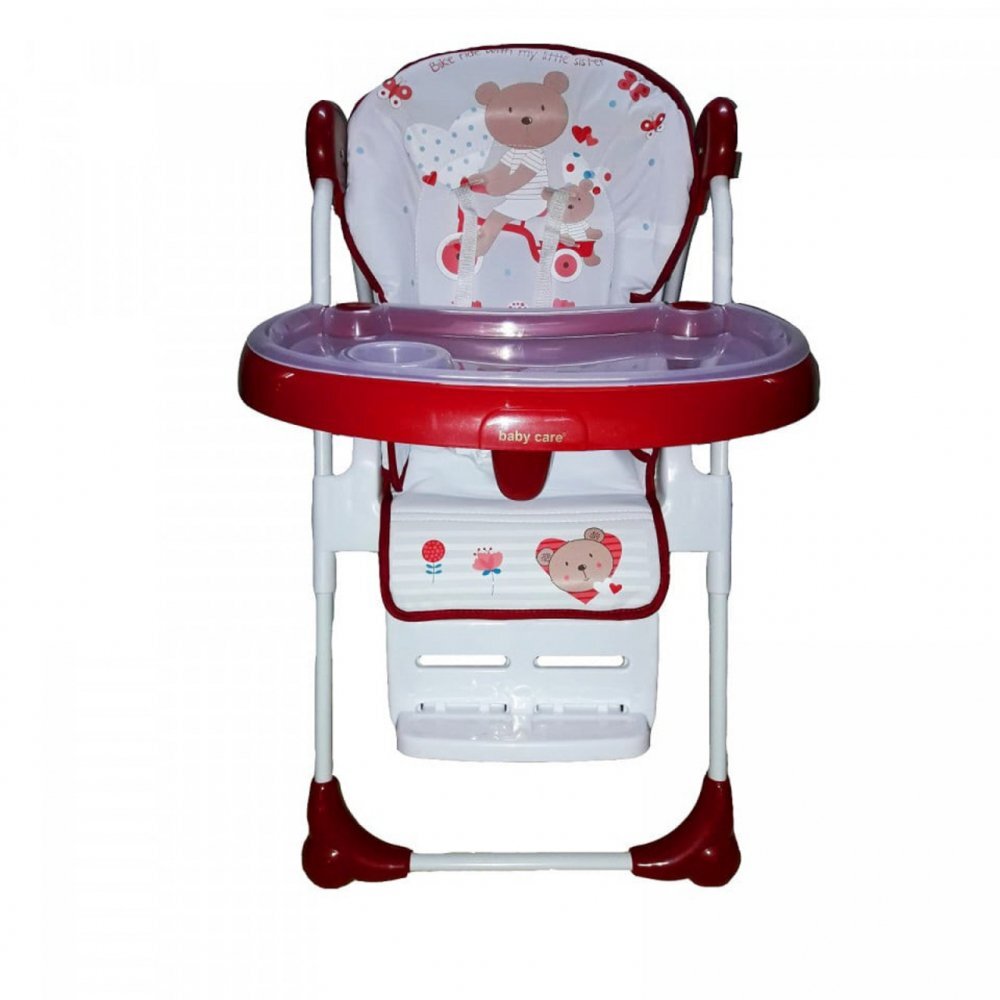 Baby Care Scaun de masa pentru copii si bebe CC Ursulet Rosu cu Alb reglabil in 3 trepte Pliabil Centura de siguranta Sezut confortabil Masuta detasabila Pozitie somn Cosulet de depozitare
