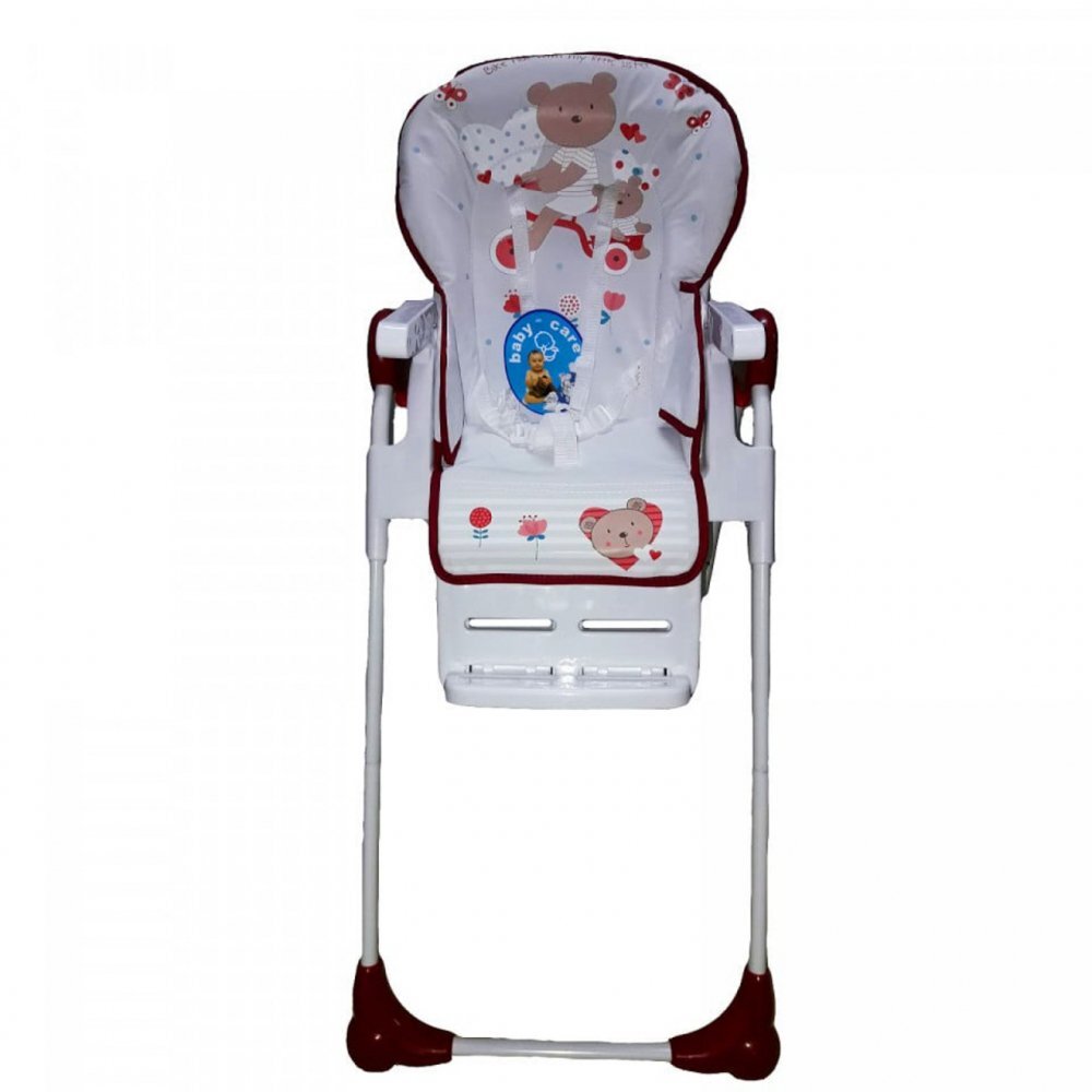 Baby Care Scaun de masa pentru copii si bebe CC Ursulet Rosu cu Alb reglabil in 3 trepte Pliabil Centura de siguranta Sezut confortabil Masuta detasabila Pozitie somn Cosulet de depozitare