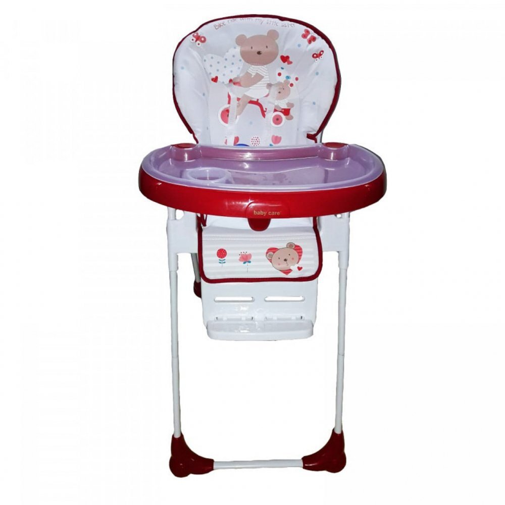 Baby Care Scaun de masa pentru copii si bebe CC Ursulet Rosu cu Alb reglabil in 3 trepte Pliabil Centura de siguranta Sezut confortabil Masuta detasabila Pozitie somn Cosulet de depozitare