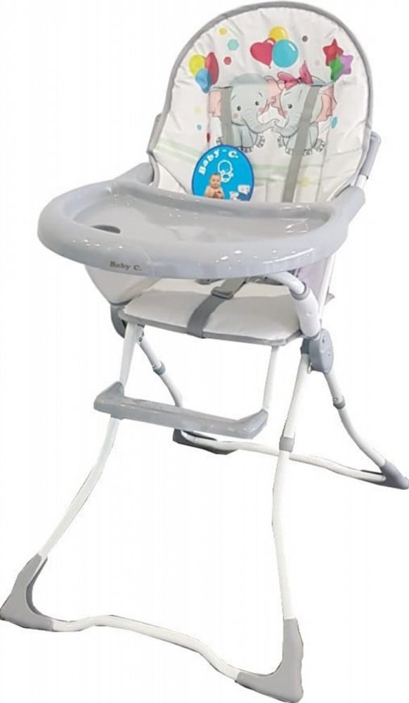Baby Care Scaun de masa pentru copii si bebe CH Pliabil Centura de siguranta Sezut confortabil Masuta detasabila Model Elefanti Gri