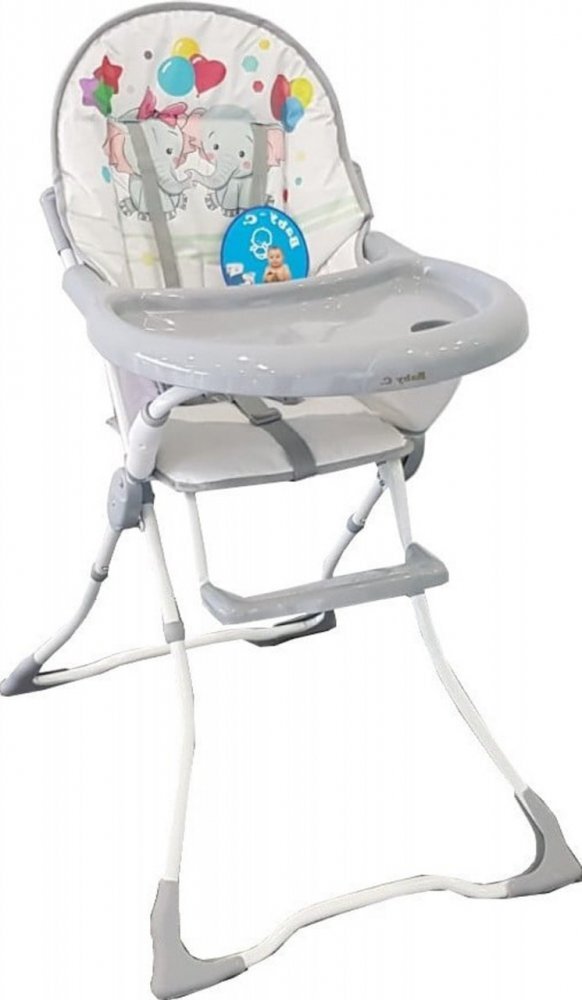 Baby Care Scaun de masa pentru copii si bebe CH Pliabil Centura de siguranta Sezut confortabil Masuta detasabila Model Elefanti Gri