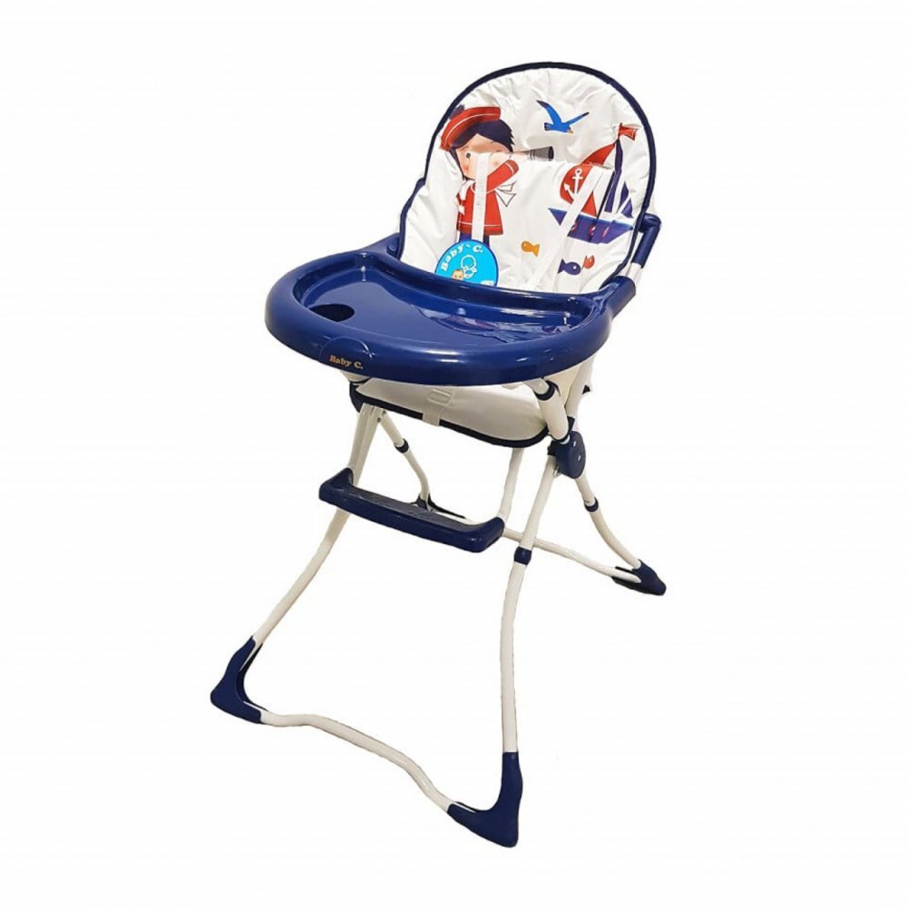 Baby Care Scaun de masa pentru copii si bebe CH Pliabil Centura de siguranta Sezut confortabil Masuta detasabila Model Micul Matelot Alb cu Albastru