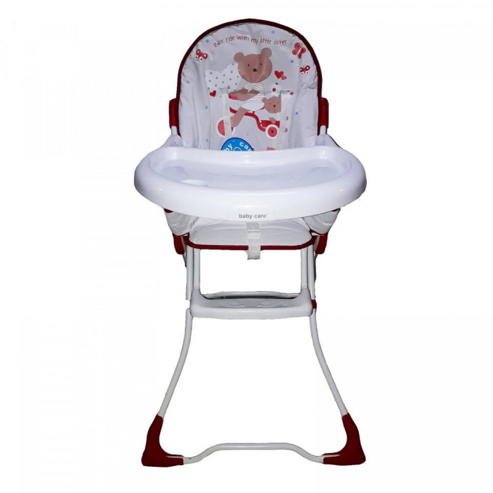 Baby Care Scaun de masa pentru copii si bebe CH Pliabil Centura de siguranta Sezut confortabil Masuta detasabila Model Ursulet Rosu cu Alb