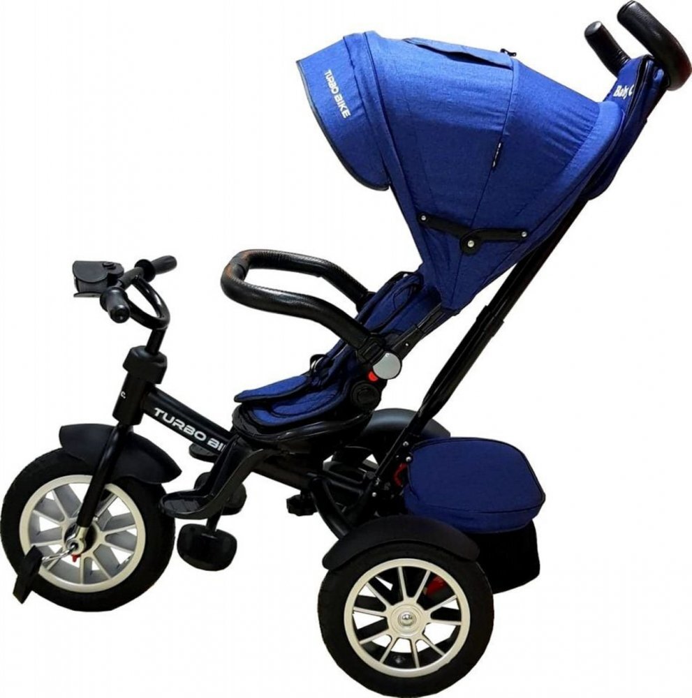 Baby Care Tricicleta pentru copii Turbo Bike Albastru cu Far luminos Roti din cauciuc Pozitie somn Pedale si maner pentru parinti Scaun reversibil cu invartire 360 grade Cadru metalic Dimensiuni 110X45X90 cm