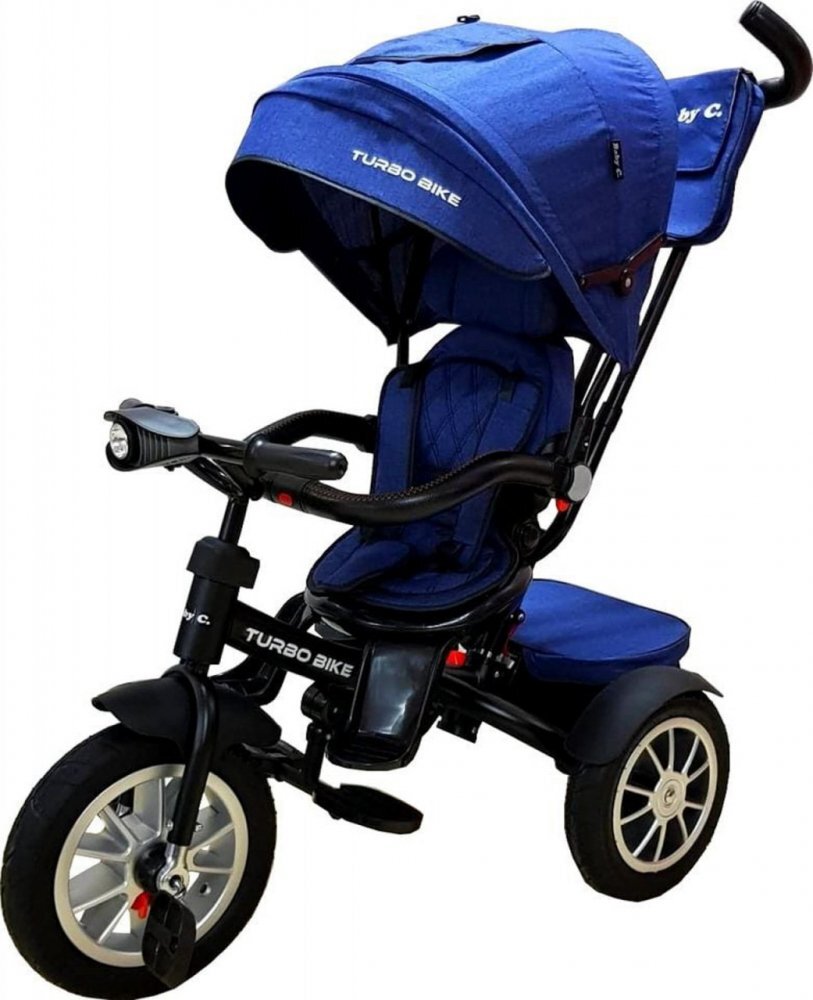 Baby Care Tricicleta pentru copii Turbo Bike Albastru cu Far luminos Roti din cauciuc Pozitie somn Pedale si maner pentru parinti Scaun reversibil cu invartire 360 grade Cadru metalic Dimensiuni 110X45X90 cm