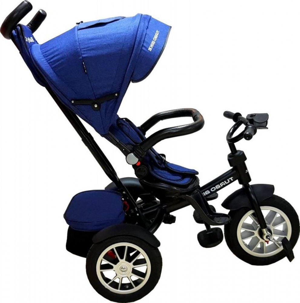 Baby Care Tricicleta pentru copii Turbo Bike Albastru cu Far luminos Roti din cauciuc Pozitie somn Pedale si maner pentru parinti Scaun reversibil cu invartire 360 grade Cadru metalic Dimensiuni 110X45X90 cm