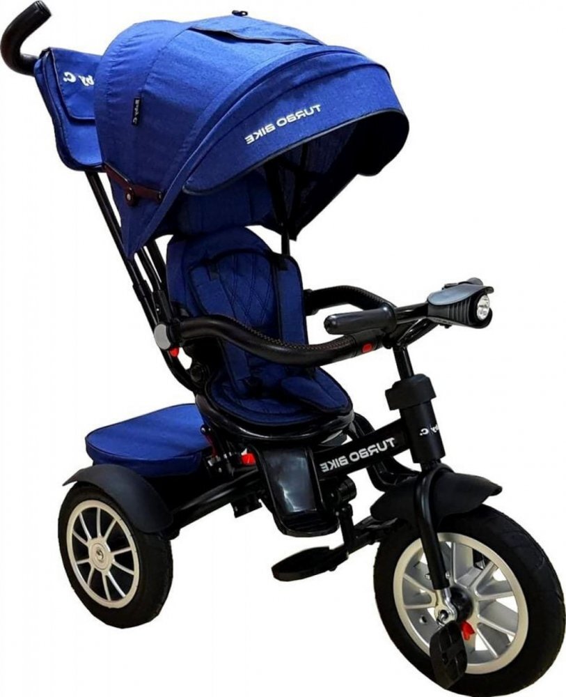 Baby Care Tricicleta pentru copii Turbo Bike Albastru cu Far luminos Roti din cauciuc Pozitie somn Pedale si maner pentru parinti Scaun reversibil cu invartire 360 grade Cadru metalic Dimensiuni 110X45X90 cm