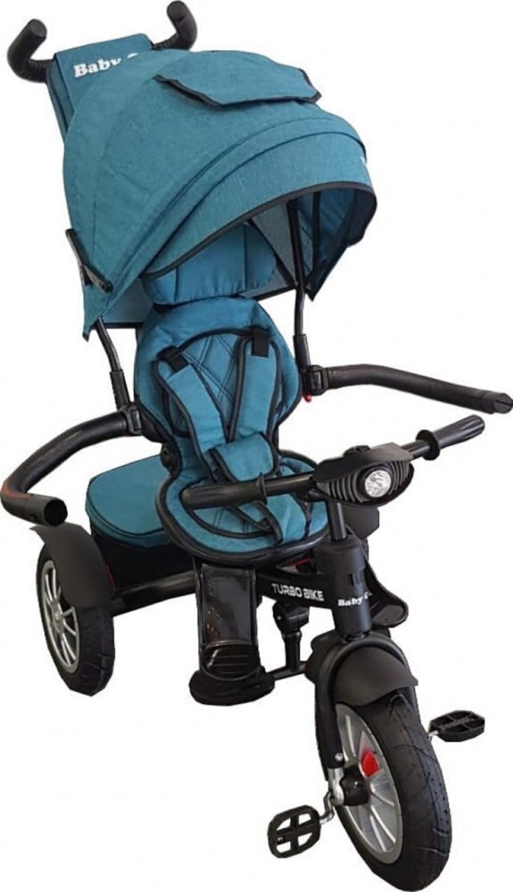 Baby Care Tricicleta pentru copii Turbo Bike Albastru Turquoise cu Far luminos Roti din cauciuc Pozitie somn Pedale si maner pentru parinti Scaun reversibil cu invartire 360 grade Cadru metalic Dimensiuni 110X45X90 cm