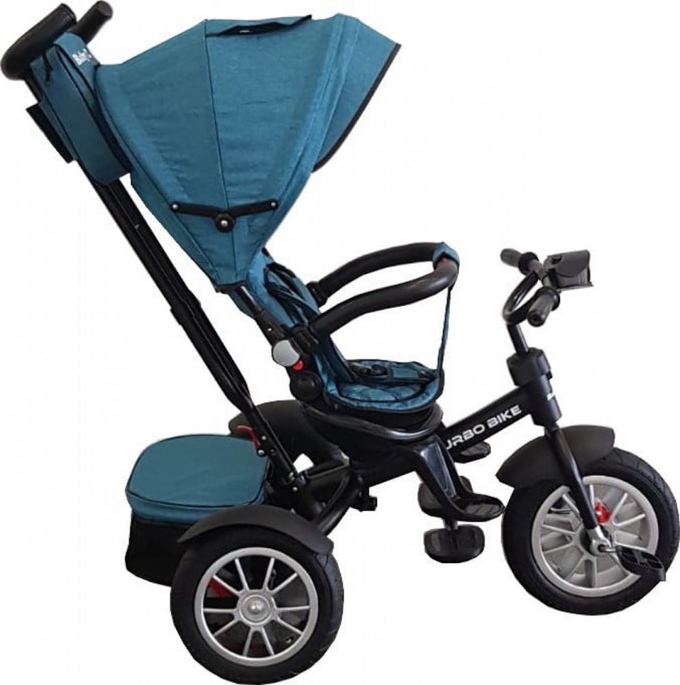 Baby Care Tricicleta pentru copii Turbo Bike Albastru Turquoise cu Far luminos Roti din cauciuc Pozitie somn Pedale si maner pentru parinti Scaun reversibil cu invartire 360 grade Cadru metalic Dimensiuni 110X45X90 cm
