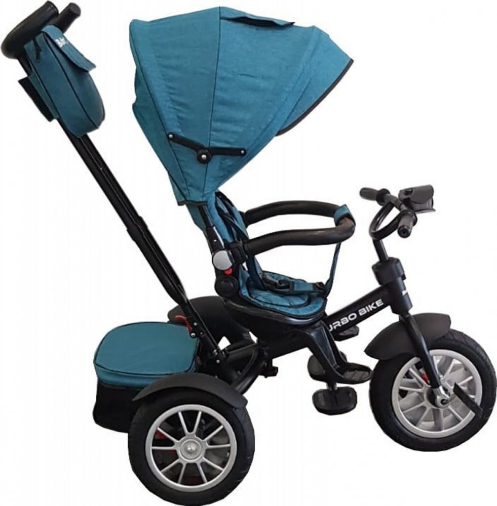 Baby Care Tricicleta pentru copii Turbo Bike Albastru Turquoise cu Far luminos Roti din cauciuc Pozitie somn Pedale si maner pentru parinti Scaun reversibil cu invartire 360 grade Cadru metalic Dimensiuni 110X45X90 cm