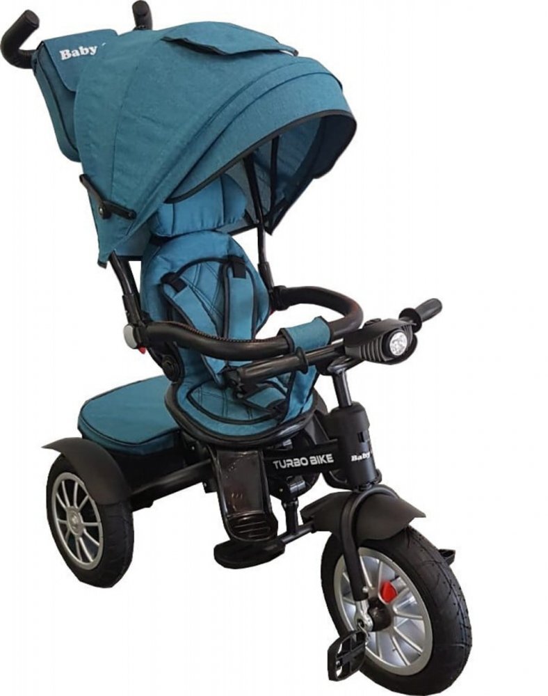 Baby Care Tricicleta pentru copii Turbo Bike Albastru Turquoise cu Far luminos Roti din cauciuc Pozitie somn Pedale si maner pentru parinti Scaun reversibil cu invartire 360 grade Cadru metalic Dimensiuni 110X45X90 cm