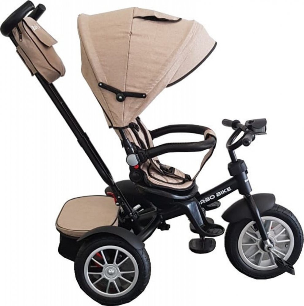 Baby Care Tricicleta pentru copii Turbo Bike Crem cu Far luminos Roti din cauciuc Pozitie somn Pedale si maner pentru parinti Scaun reversibil cu invartire 360 grade Cadru metalic Dimensiuni 110X45X90 cm