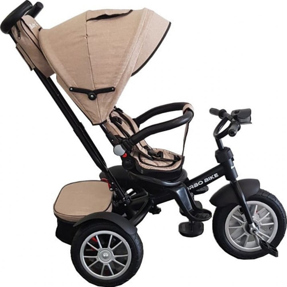 Baby Care Tricicleta pentru copii Turbo Bike Crem cu Far luminos Roti din cauciuc Pozitie somn Pedale si maner pentru parinti Scaun reversibil cu invartire 360 grade Cadru metalic Dimensiuni 110X45X90 cm