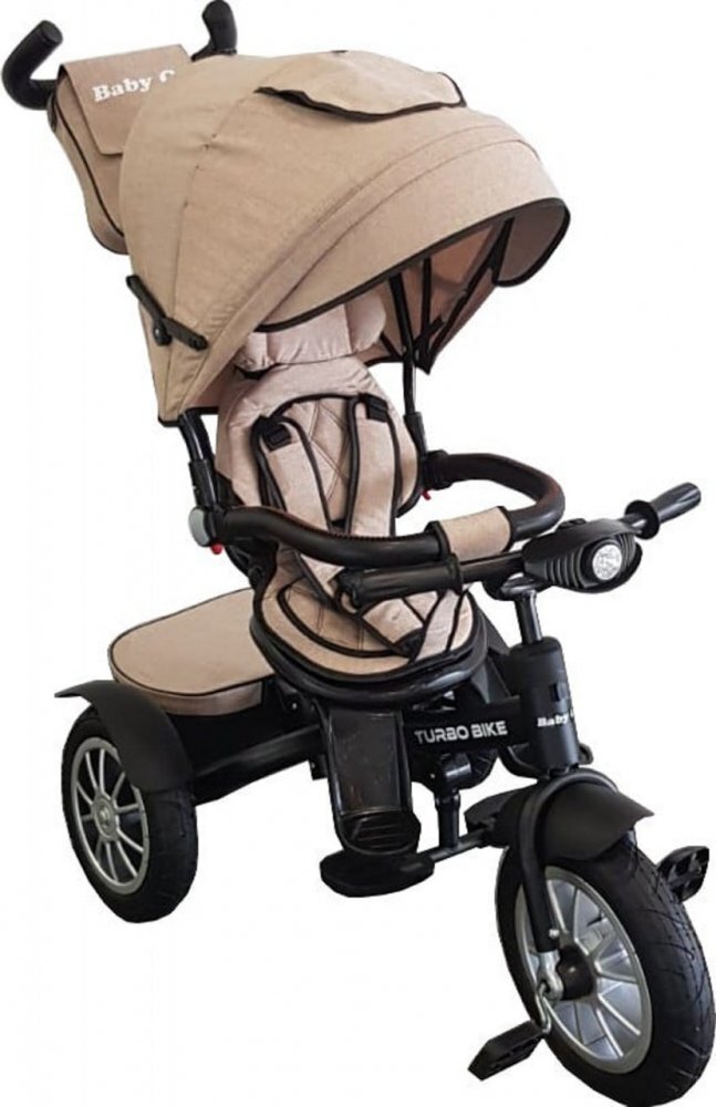 Baby Care Tricicleta pentru copii Turbo Bike Crem cu Far luminos Roti din cauciuc Pozitie somn Pedale si maner pentru parinti Scaun reversibil cu invartire 360 grade Cadru metalic Dimensiuni 110X45X90 cm