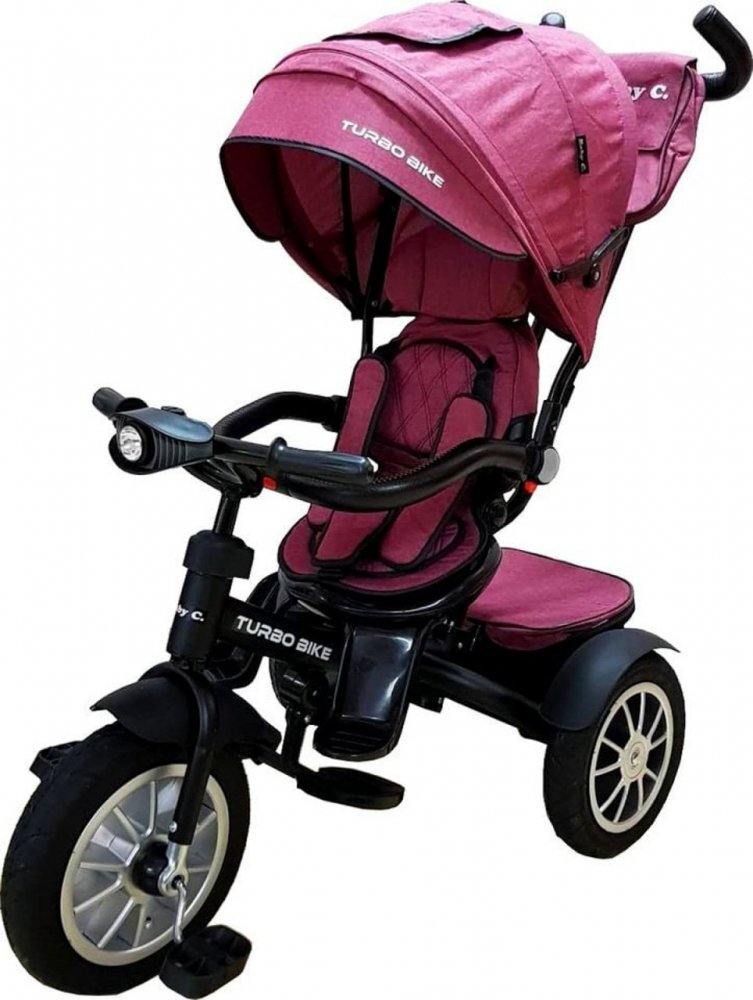 Baby Care Tricicleta pentru copii Turbo Bike Fucsia cu Far luminos Roti din cauciuc Pozitie somn Pedale si maner pentru parinti Scaun reversibil cu invartire 360 grade Cadru metalic Dimensiuni 110X45X90 cm