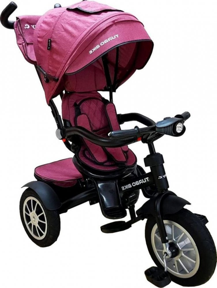 Baby Care Tricicleta pentru copii Turbo Bike Fucsia cu Far luminos Roti din cauciuc Pozitie somn Pedale si maner pentru parinti Scaun reversibil cu invartire 360 grade Cadru metalic Dimensiuni 110X45X90 cm