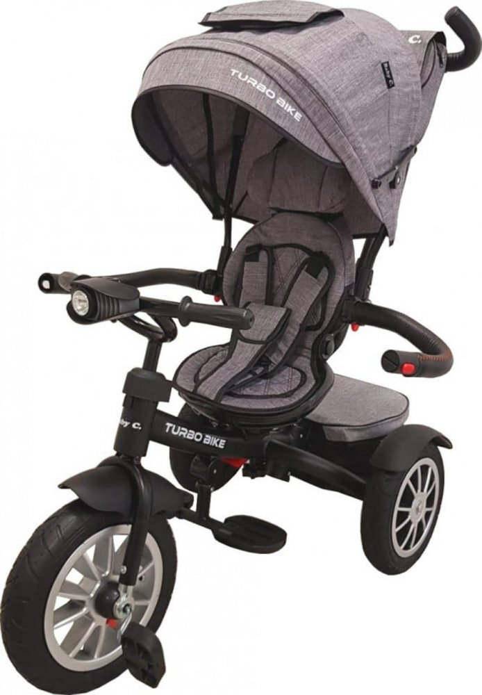 Baby Care Tricicleta pentru copii Turbo Bike Gri Jeans cu Far luminos Roti din cauciuc Pozitie somn Pedale si maner pentru parinti Scaun reversibil cu invartire 360 grade Cadru metalic Dimensiuni 110X45X90 cm