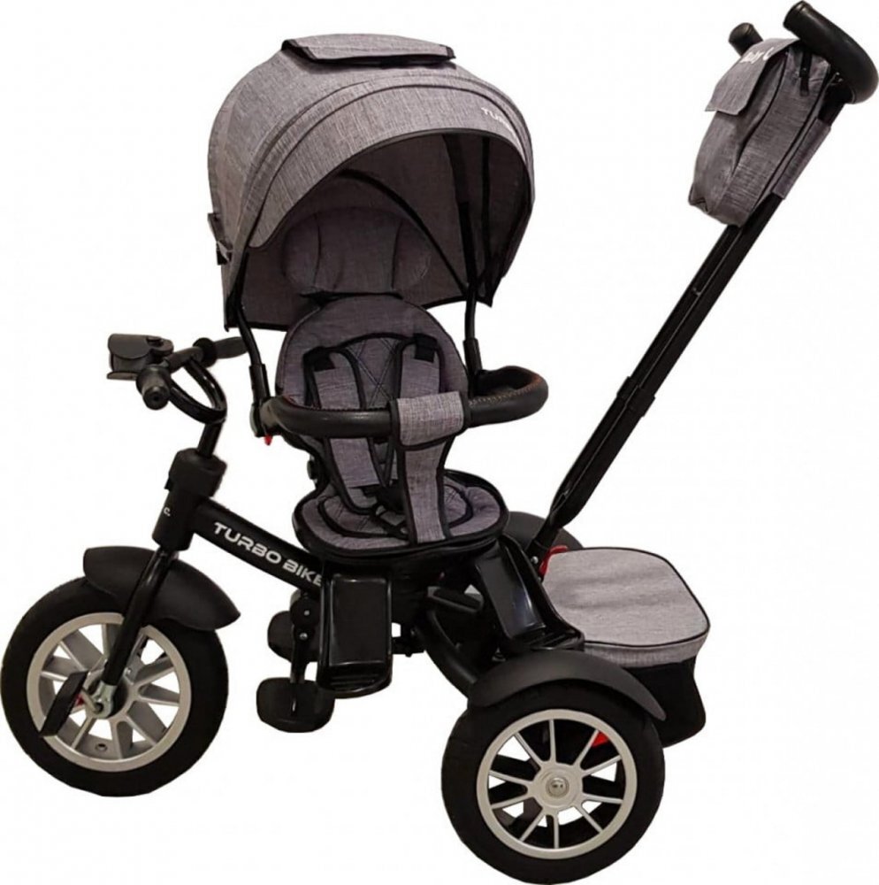 Baby Care Tricicleta pentru copii Turbo Bike Gri Jeans cu Far luminos Roti din cauciuc Pozitie somn Pedale si maner pentru parinti Scaun reversibil cu invartire 360 grade Cadru metalic Dimensiuni 110X45X90 cm