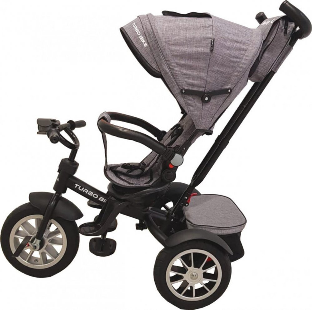 Baby Care Tricicleta pentru copii Turbo Bike Gri Jeans cu Far luminos Roti din cauciuc Pozitie somn Pedale si maner pentru parinti Scaun reversibil cu invartire 360 grade Cadru metalic Dimensiuni 110X45X90 cm