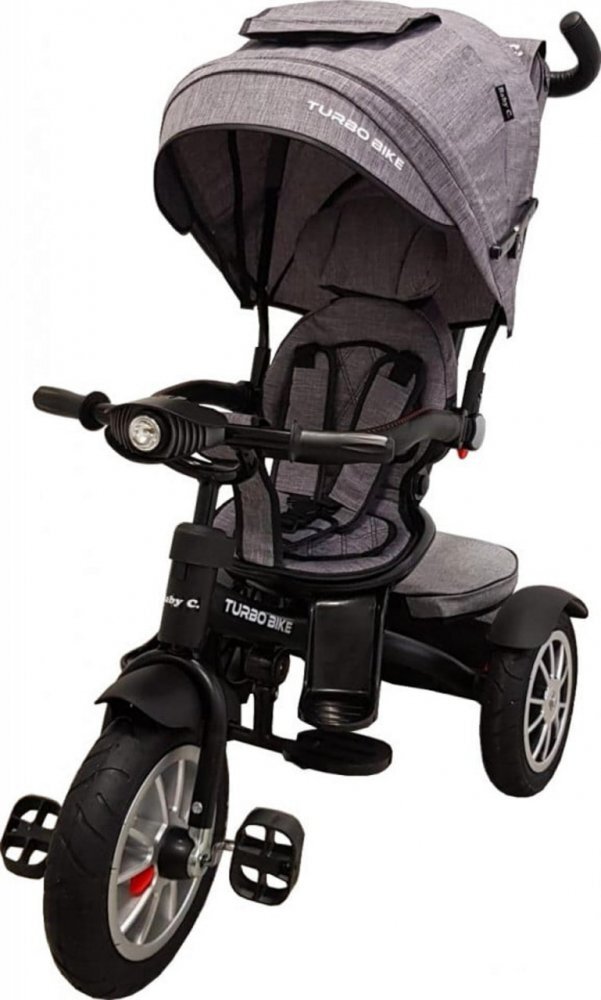 Baby Care Tricicleta pentru copii Turbo Bike Gri Jeans cu Far luminos Roti din cauciuc Pozitie somn Pedale si maner pentru parinti Scaun reversibil cu invartire 360 grade Cadru metalic Dimensiuni 110X45X90 cm