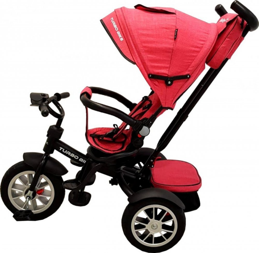 Baby Care Tricicleta pentru copii Turbo Bike Rosu Corai cu Far luminos Roti din cauciuc Pozitie somn Pedale si maner pentru parinti Scaun reversibil cu invartire 360 grade Cadru metalic Dimensiuni 110X45X90 cm